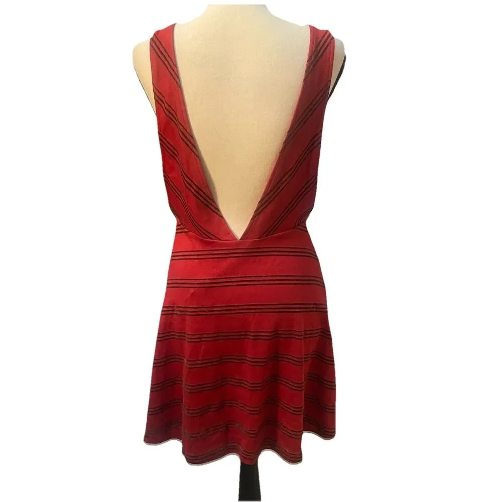 Free People Striped Up Skater Dress Red Rust Chevron Mini Low Back Boho Textured - Picture 3 of 10